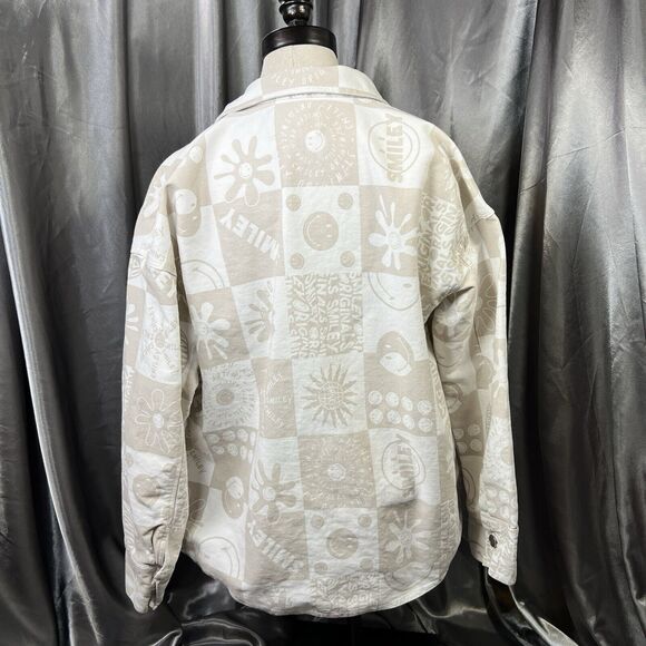 Smiley X H&M Womens XS Oversized Denim Shacket Shirt Beige White Button Up Smile - Picture 7 of 14